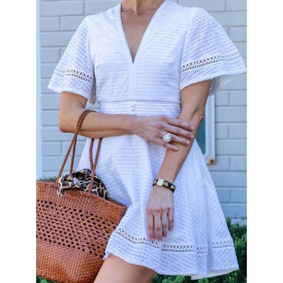 Jonathan Simkhai Eyelet Embroided Fit and Flare V-Neck Dress - Picture 1 of 6